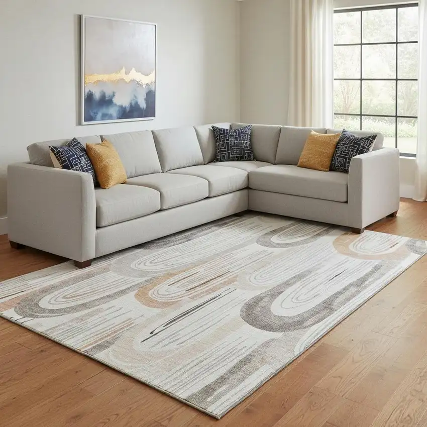 8' Ivory Peach And Taupe Geometric Washable Area Rug With UV Protection Photo 2