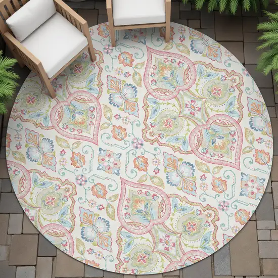8' Ivory Pink And Artichoke Green Round Ogee Washable Indoor Outdoor Area Rug Photo 7