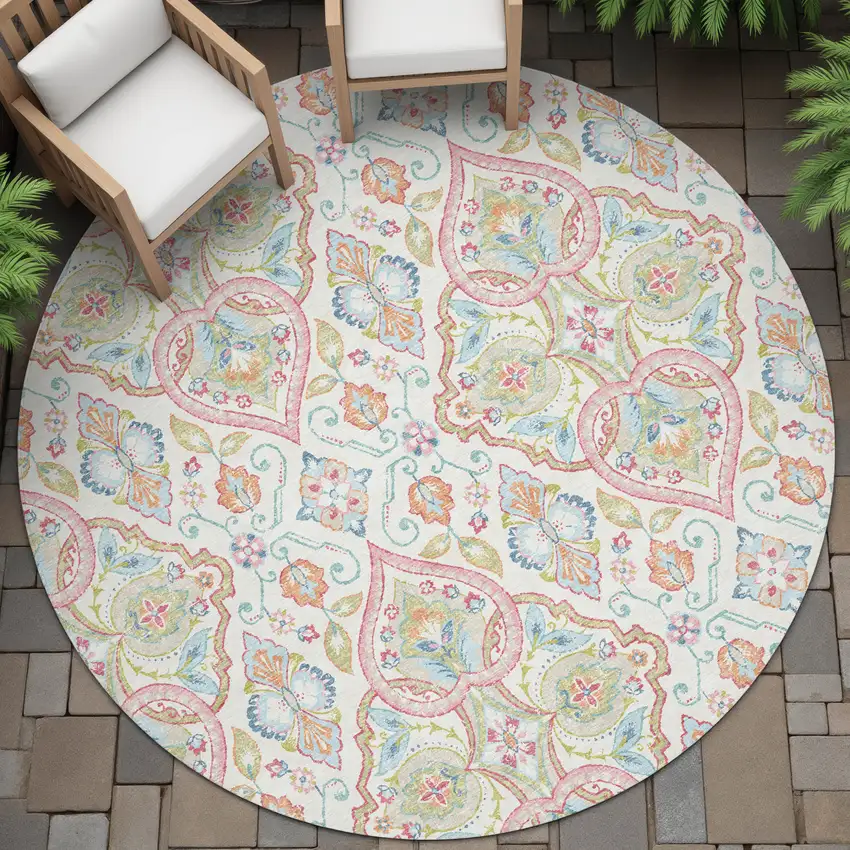8' Ivory Pink And Artichoke Green Round Ogee Washable Indoor Outdoor Area Rug Photo 7