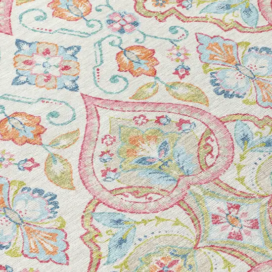 8' Ivory Pink And Artichoke Green Round Ogee Washable Indoor Outdoor Area Rug Photo 6