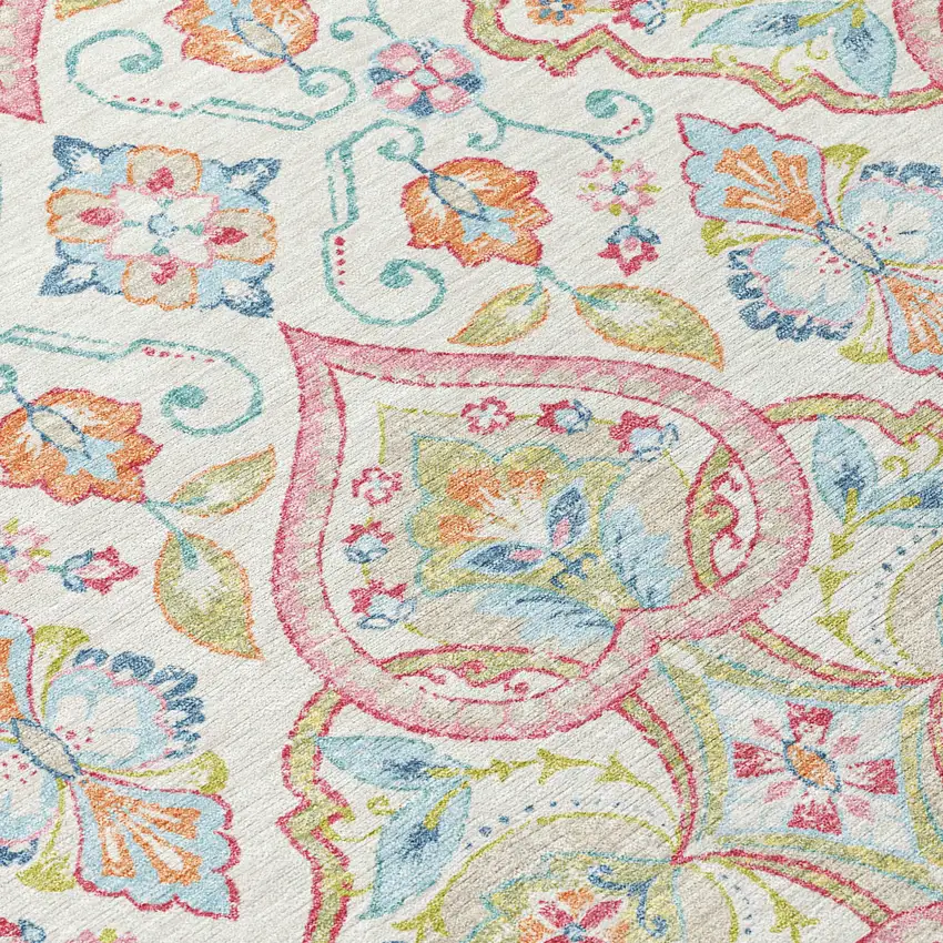 8' Ivory Pink And Artichoke Green Round Ogee Washable Indoor Outdoor Area Rug Photo 6