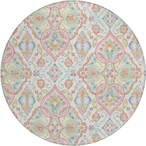 Photo of 8' Ivory Pink And Artichoke Green Round Ogee Washable Indoor Outdoor Area Rug