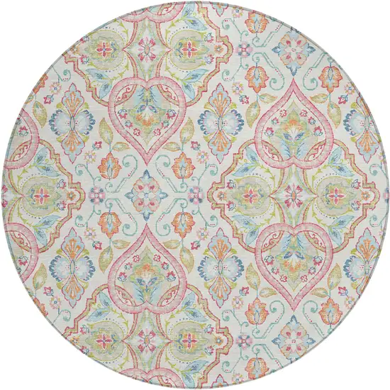 8' Ivory Pink And Artichoke Green Round Ogee Washable Indoor Outdoor Area Rug Photo 1