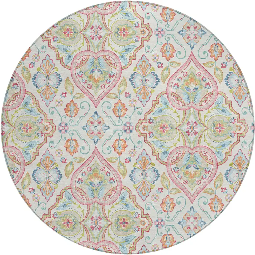 8' Ivory Pink And Artichoke Green Round Ogee Washable Indoor Outdoor Area Rug Photo 1