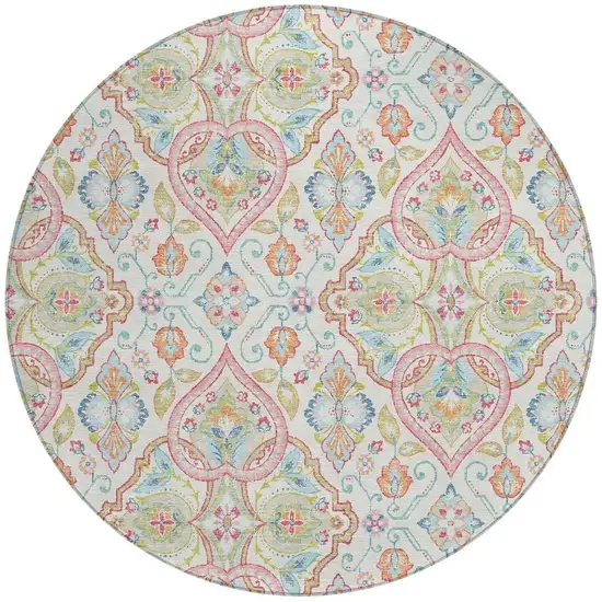 8' Ivory Pink And Artichoke Green Round Ogee Washable Indoor Outdoor Area Rug Photo 3