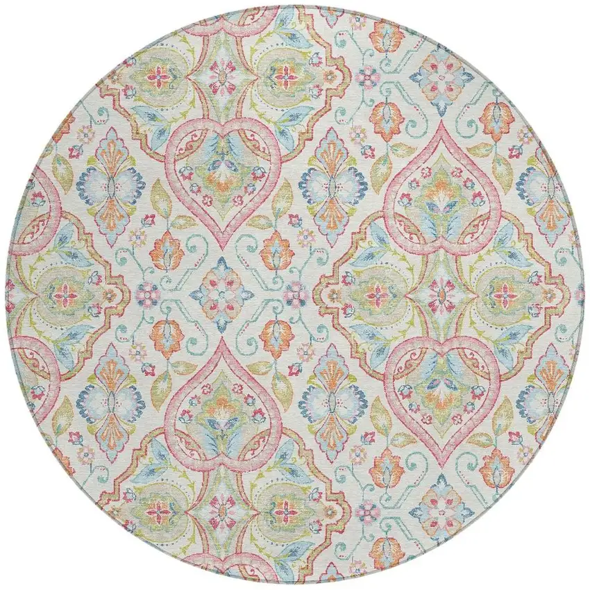 8' Ivory Pink And Artichoke Green Round Ogee Washable Indoor Outdoor Area Rug Photo 3