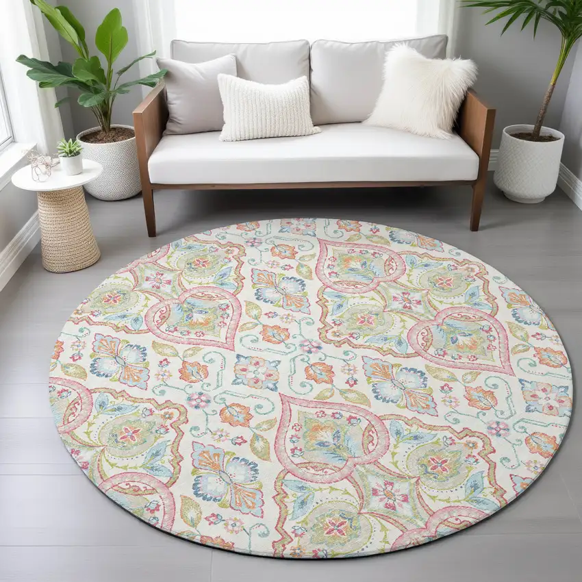 8' Ivory Pink And Artichoke Green Round Ogee Washable Indoor Outdoor Area Rug Photo 8