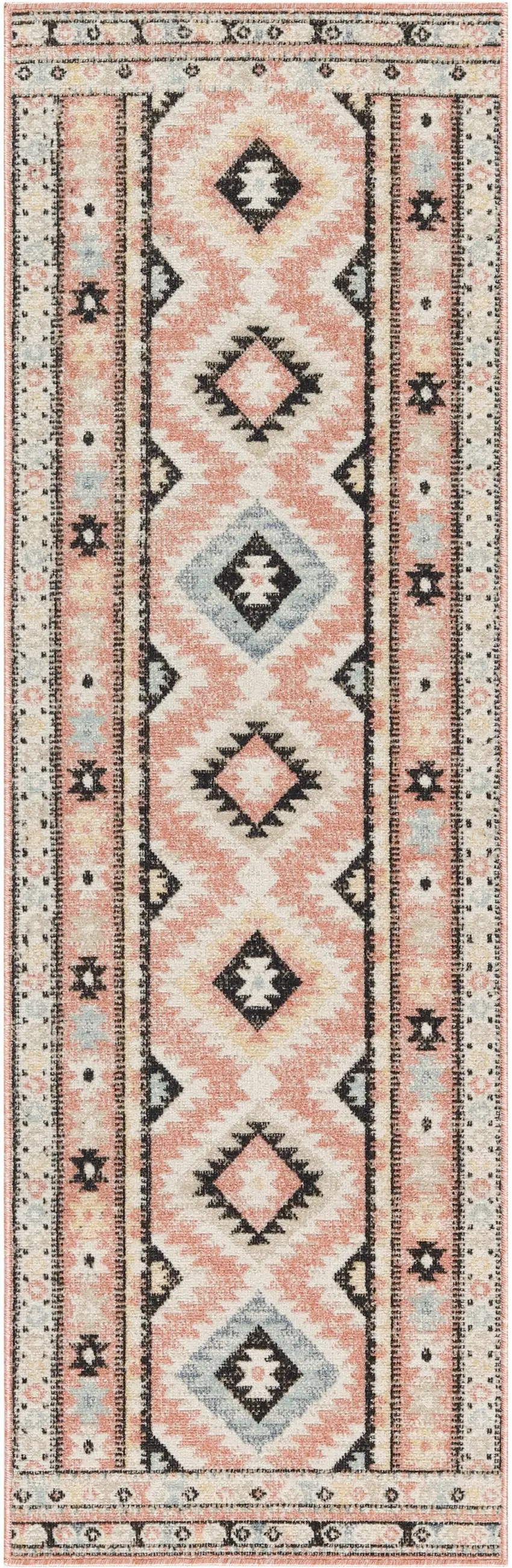 6' Ivory Pink And Black Geometric Flatweave Runner Rug Photo 5