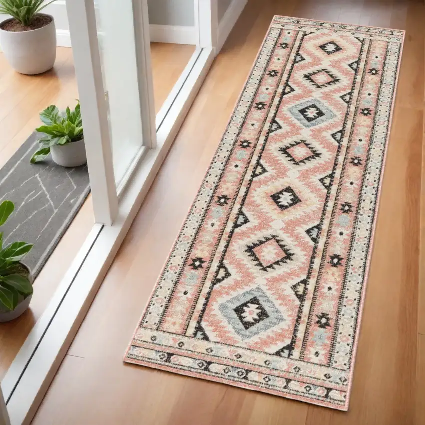 6' Ivory Pink And Black Geometric Flatweave Runner Rug Photo 1