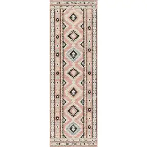Photo of 6' Ivory Pink And Black Geometric Flatweave Runner Rug