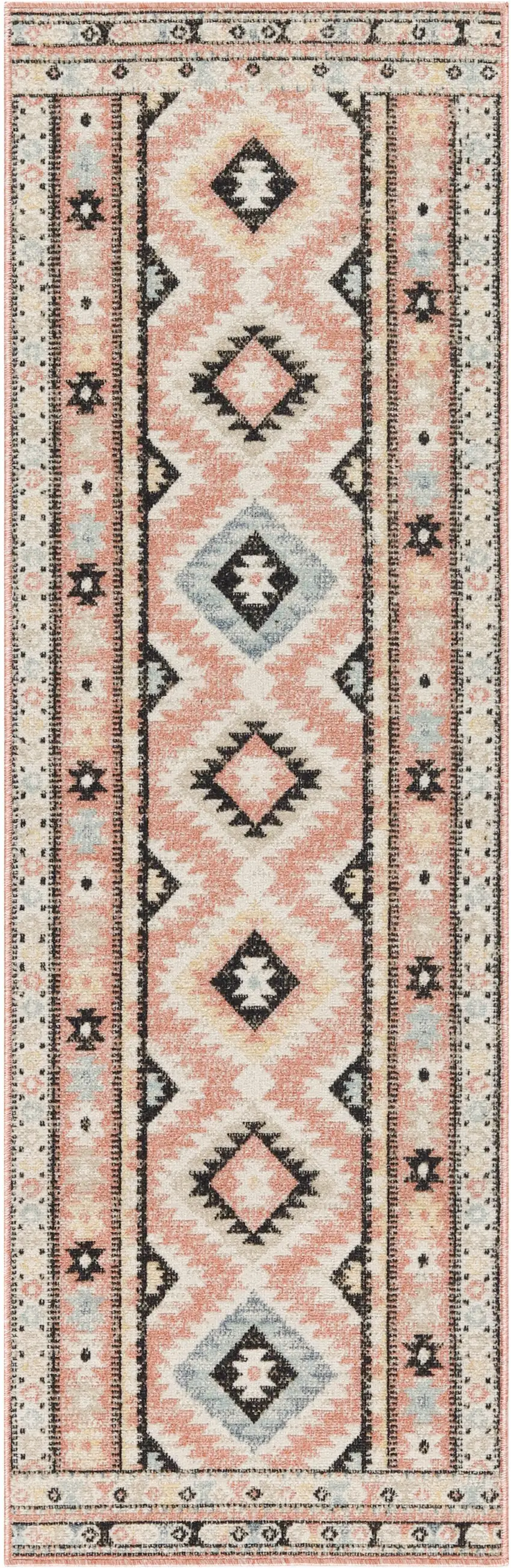 6' Ivory Pink And Black Geometric Flatweave Runner Rug Photo 2