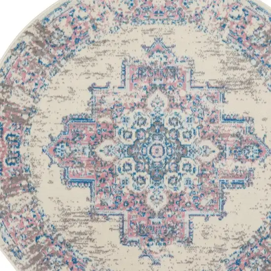 4' Ivory Pink And Blue Medallion Distressed Round Rug Photo 3