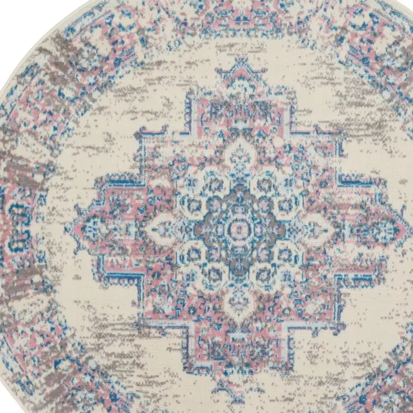 4' Ivory Pink And Blue Medallion Distressed Round Rug Photo 3
