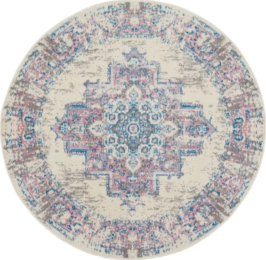 4' Ivory Pink And Blue Medallion Distressed Round Rug Photo 9