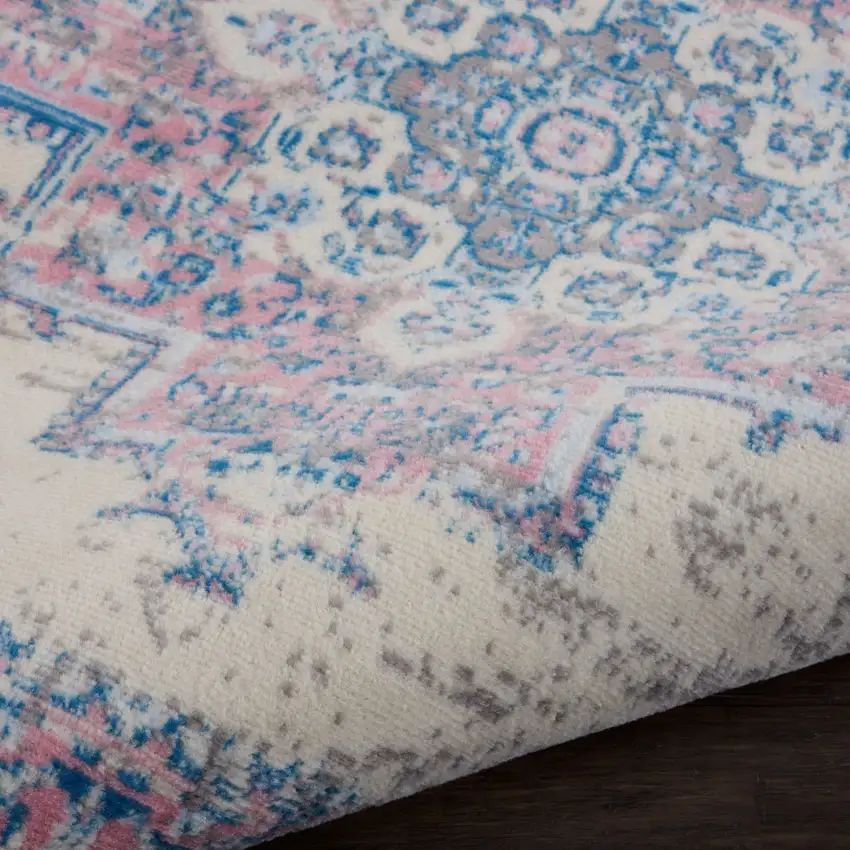 4' Ivory Pink And Blue Medallion Distressed Round Rug Photo 8