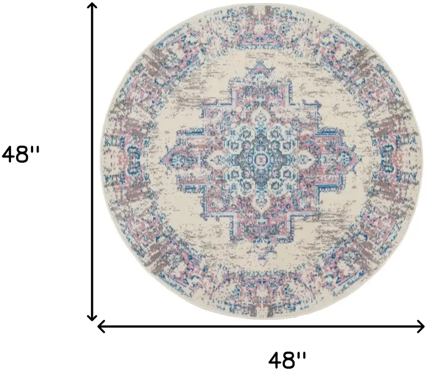 4' Ivory Pink And Blue Medallion Distressed Round Rug Photo 3