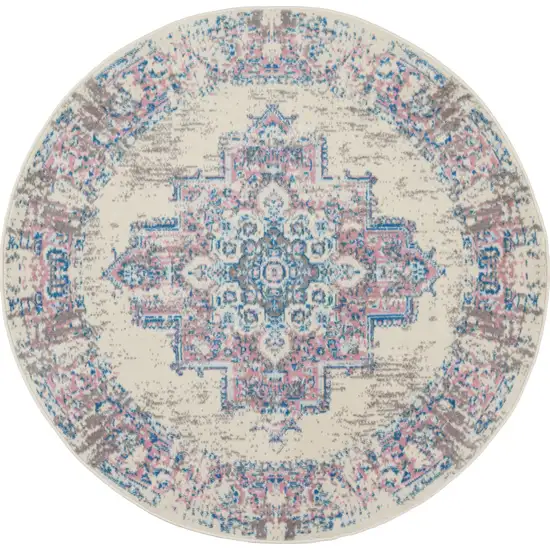 4' Ivory Pink And Blue Medallion Distressed Round Rug Photo 4
