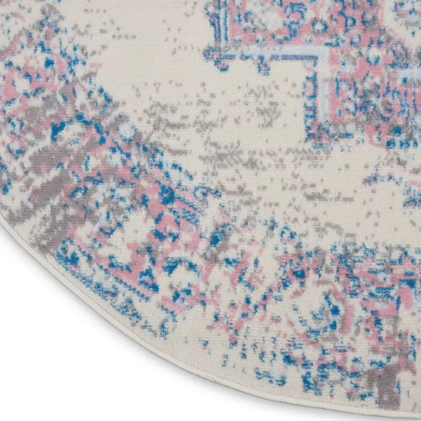 4' Ivory Pink And Blue Medallion Distressed Round Rug Photo 9