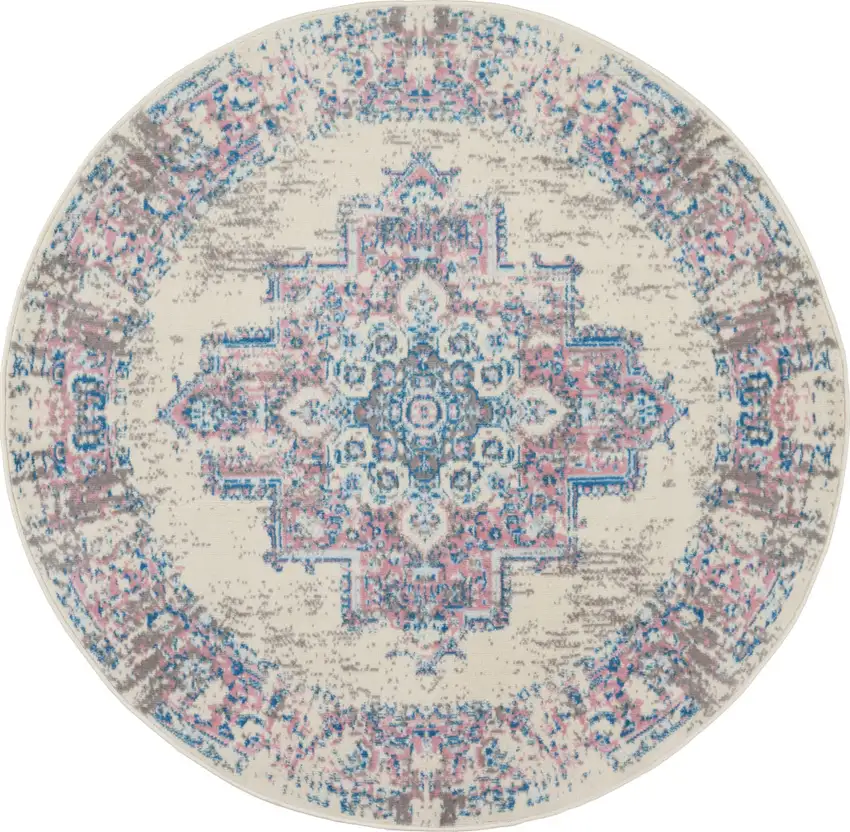4' Ivory Pink And Blue Medallion Distressed Round Rug Photo 2