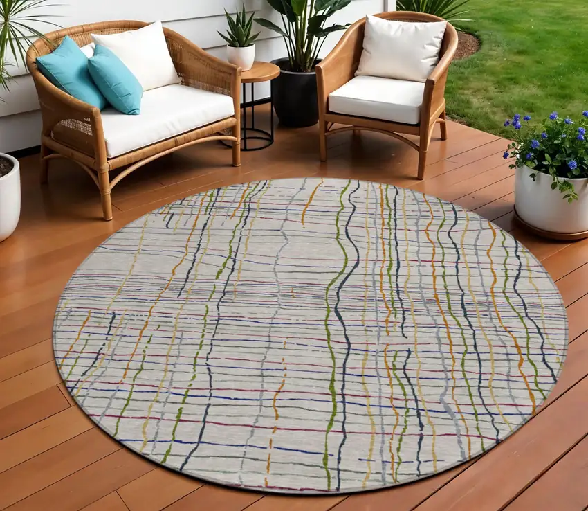 8' Ivory Pink And Copper Round Striped Washable Indoor Outdoor Area Rug Photo 1