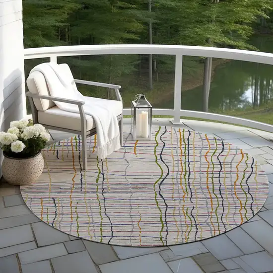 8' Ivory Pink And Copper Round Striped Washable Indoor Outdoor Area Rug Photo 7