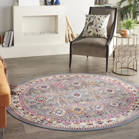 6' Ivory Pink And Gray Floral Distressed Round Rug Photo 5