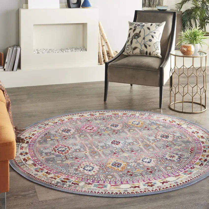 6' Ivory Pink And Gray Floral Distressed Round Rug Photo 5