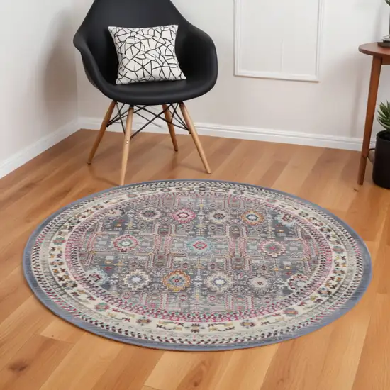 6' Ivory Pink And Gray Floral Distressed Round Rug Photo 1
