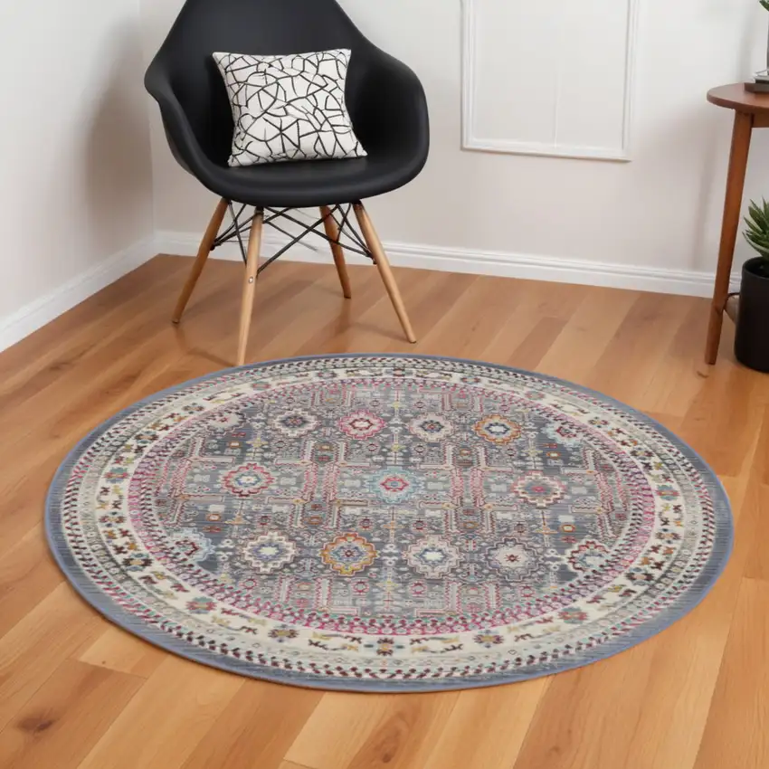6' Ivory Pink And Gray Floral Distressed Round Rug Photo 1