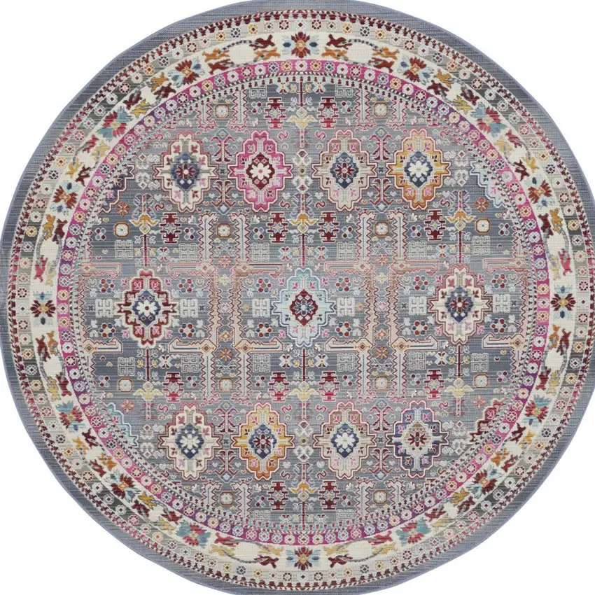 6' Ivory Pink And Gray Floral Distressed Round Rug Photo 8