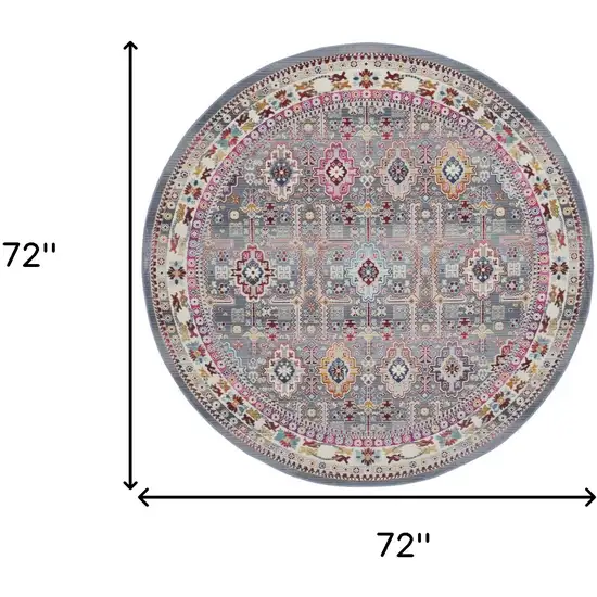 6' Ivory Pink And Gray Floral Distressed Round Rug Photo 3