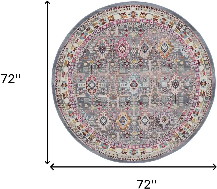 6' Ivory Pink And Gray Floral Distressed Round Rug Photo 3