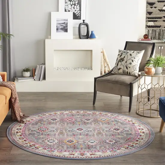 6' Ivory Pink And Gray Floral Distressed Round Rug Photo 6