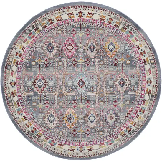 6' Ivory Pink And Gray Floral Distressed Round Rug Photo 1