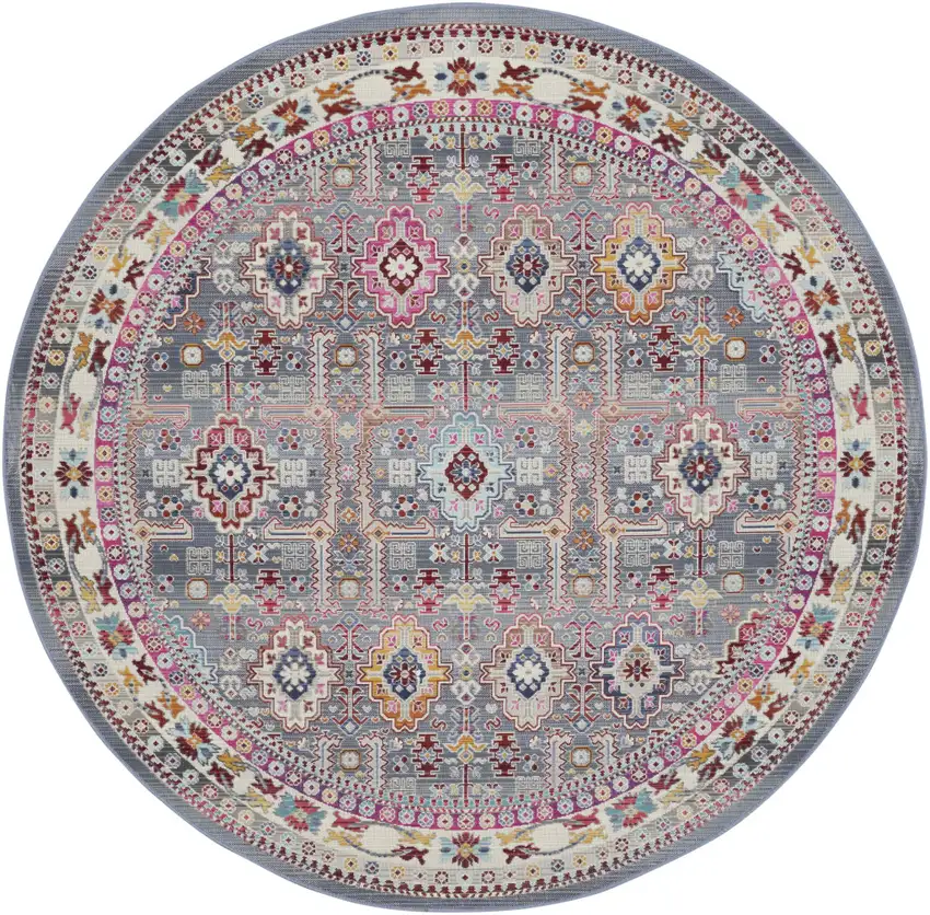 6' Ivory Pink And Gray Floral Distressed Round Rug Photo 1