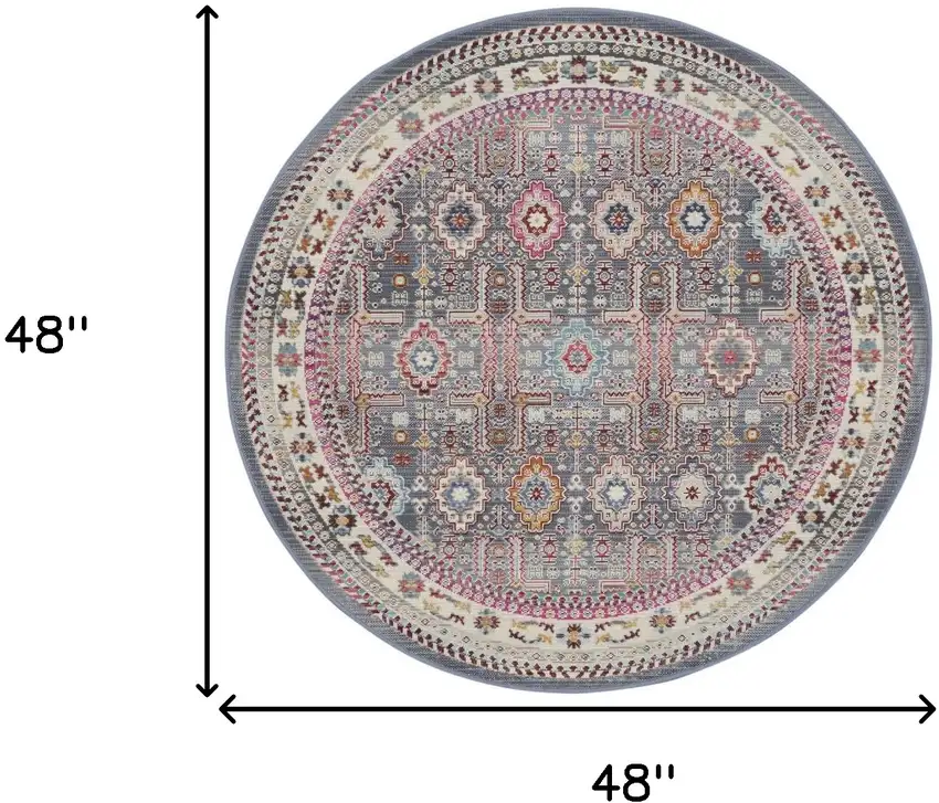 4' Ivory Pink And Gray Floral Distressed Round Rug Photo 3