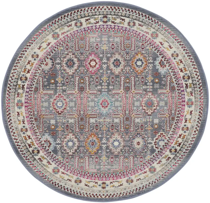 4' Ivory Pink And Gray Floral Distressed Round Rug Photo 2