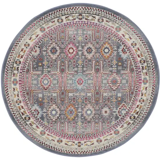 4' Ivory Pink And Gray Floral Distressed Round Rug Photo 1