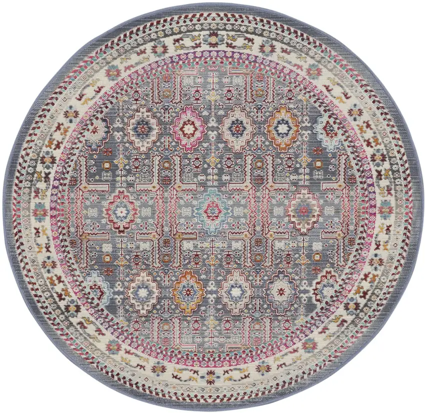 4' Ivory Pink And Gray Floral Distressed Round Rug Photo 1