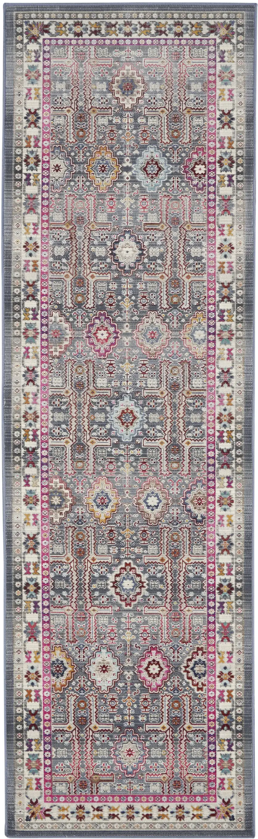 8' Ivory Pink And Gray Floral Distressed Runner Rug Photo 1