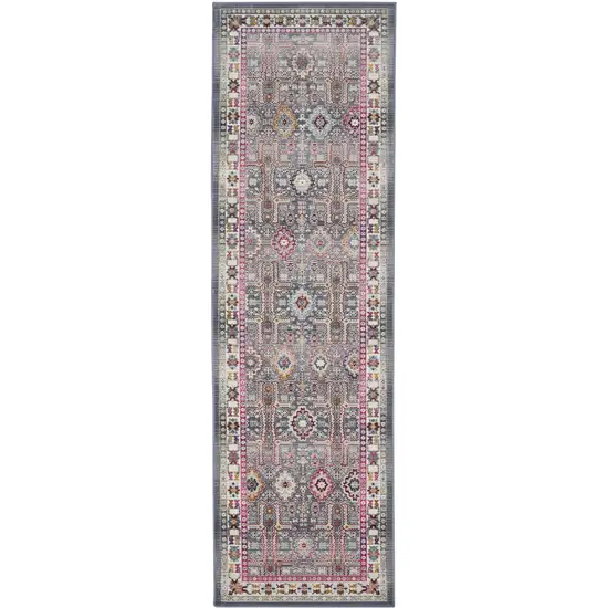 6' Ivory Pink And Gray Floral Distressed Runner Rug Photo 1