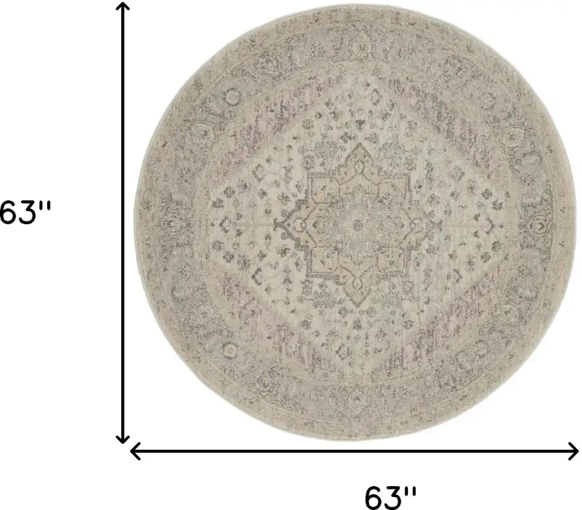 5' Ivory Pink And Gray Floral Medallion Distressed Round Rug Photo 3