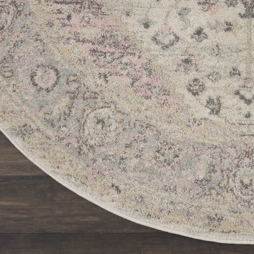 5' Ivory Pink And Gray Floral Medallion Distressed Round Rug Photo 4