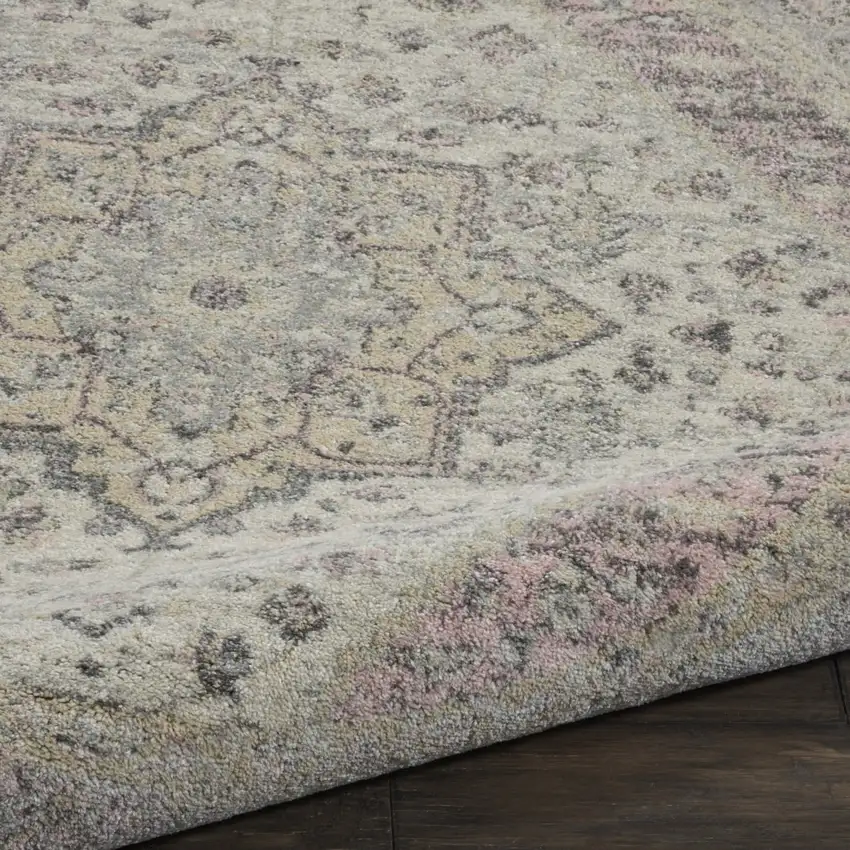 5' Ivory Pink And Gray Floral Medallion Distressed Round Rug Photo 5