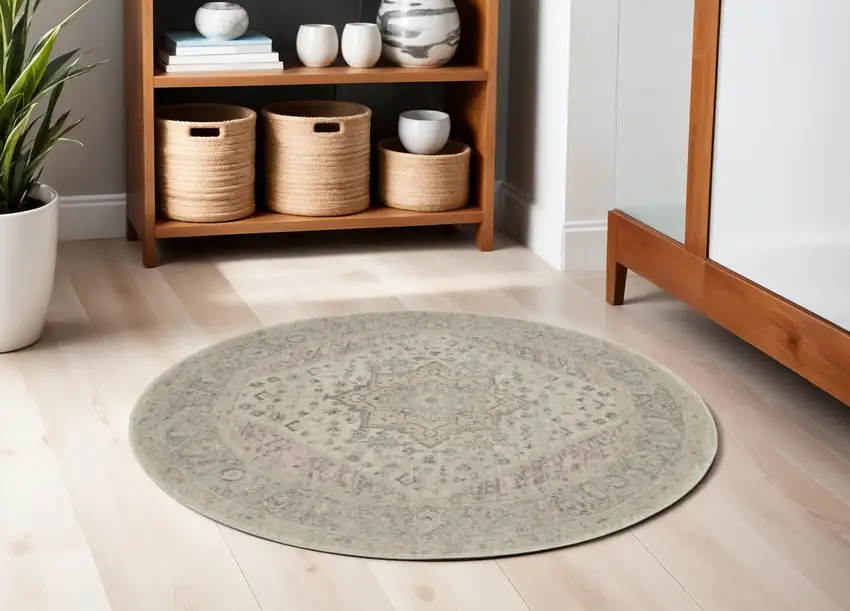 5' Ivory Pink And Gray Floral Medallion Distressed Round Rug Photo 1