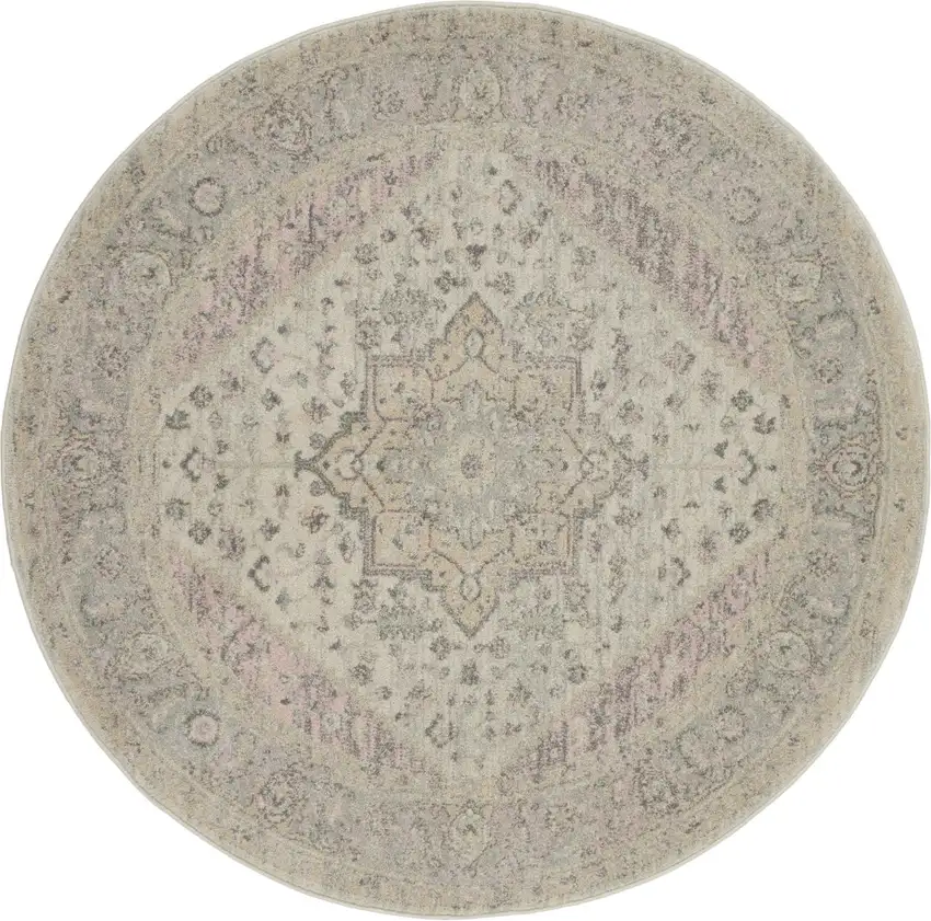 5' Ivory Pink And Gray Floral Medallion Distressed Round Rug Photo 2