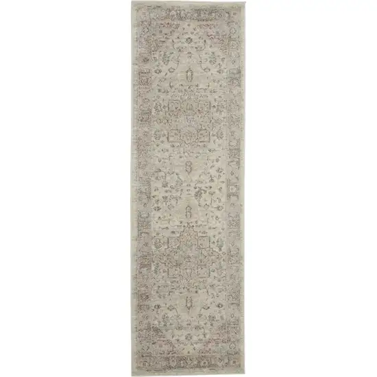 7' Ivory Pink And Gray Floral Medallion Distressed Runner Rug Photo 8