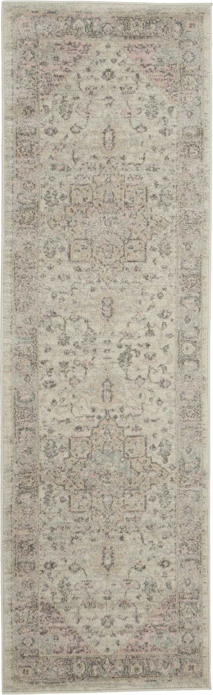 7' Ivory Pink And Gray Floral Medallion Distressed Runner Rug Photo 2