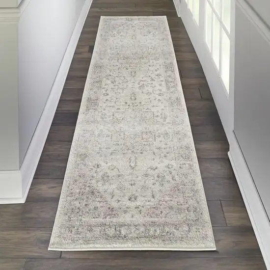 7' Ivory Pink And Gray Floral Medallion Distressed Runner Rug Photo 4