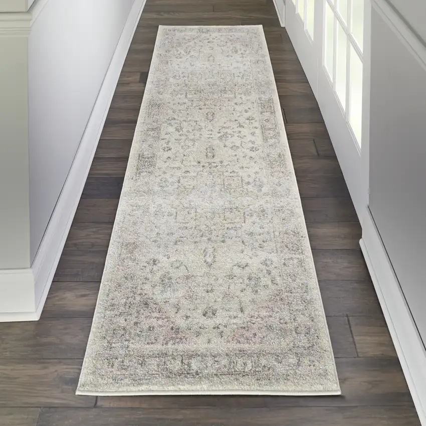 7' Ivory Pink And Gray Floral Medallion Distressed Runner Rug Photo 4